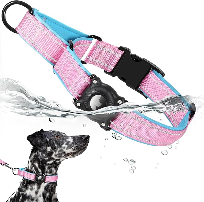 Airtag Dog Collar with Martingale Design, IP68 Waterproof Air Tag Collar Holder, Adjustable Reflective Soft Padded Nylon Dog Collar for Large Medium Small Dogs-Mewly Pet