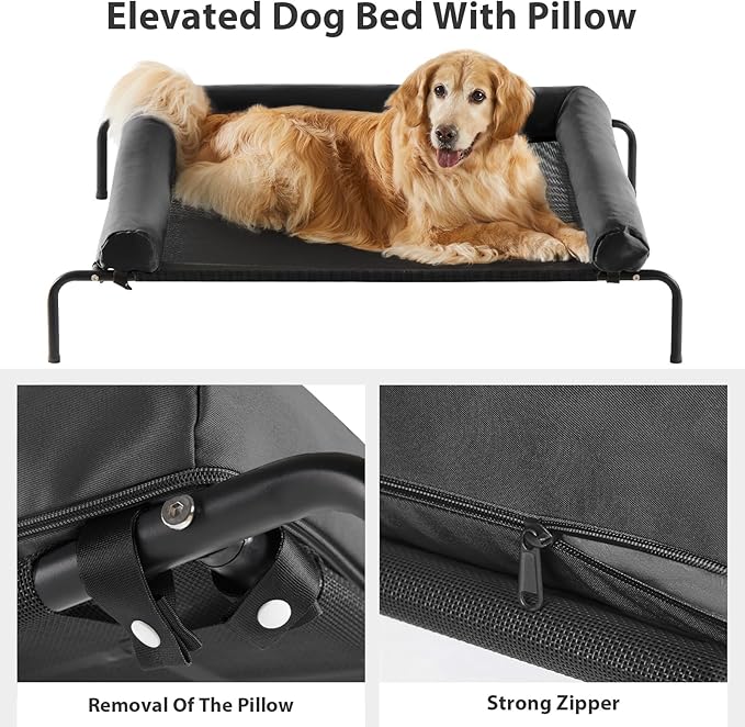 RRPETHOME Large Elevated Cooling Dog Bed, Raised Dog Cot Beds for Large Dogs, Elevated Outdoor Pet Cot, Chew Proof Portable Cooling Pet Cot with Skid-Resistant Feet and Breathable Mesh-Mewly Pet