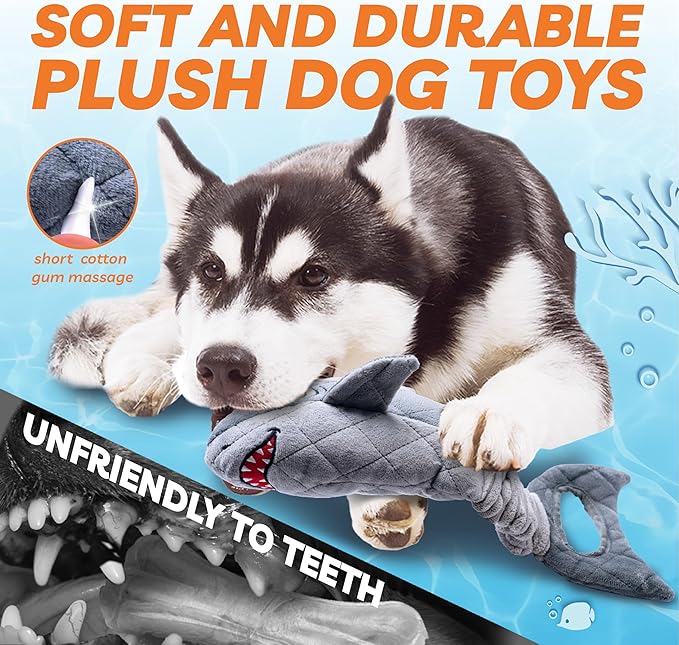 Dog Toys for Small Dogs, Squeaky Tough Dog Toys for Aggressive Chewers, Plush Dog Chew Toys for Teething, Interactive Shark Dog Toys to Keep Them Busy, Puppy Toys for Small, Medium,Large Breeds-Mewly Pet
