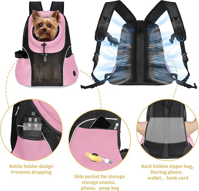 WOYYHO Pet Dog Carrier Backpack Small Dog Front Backpack Ventilated Mesh Dog Travel Back Pack with Safety Belt for Travel Hiking Cycling Outdoor Adventures (Size S: 2-4.5 lbs, Pink)-Mewly Pet