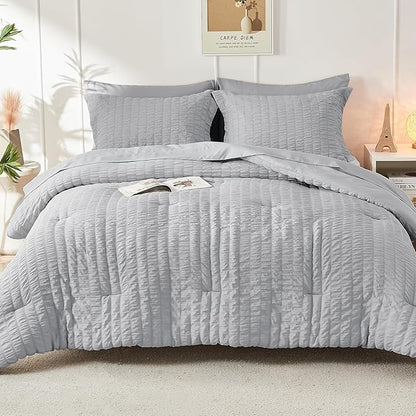 HYMOKEGE Light Grey King Size Comforter Set Seersucker 7 Pieces, All Season Luxury Bed in a Bag for Bedroom, Bedding Set with Comforters, Sheets, Pillowcases & Shams