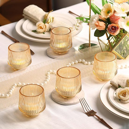 12 Pcs Large Gold Votive Candle Holders- 3.15"×3.15" Ribbed Gold Votives, Gold Tea Lights Candle Holders Votive Holders for Wedding Table Decor, Gold Glass Candle Holders for Table Centerpieces