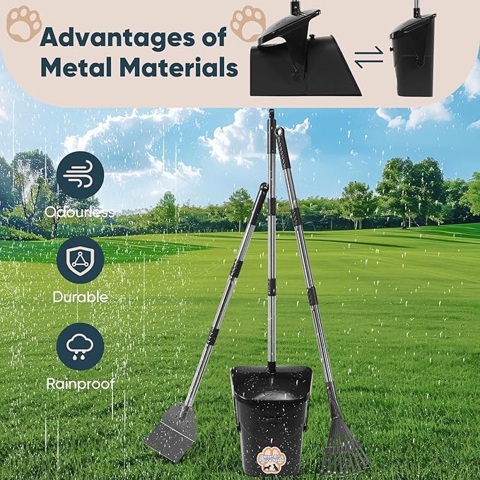 Stainless Steel Dog Pooper Scooper,40" Long Handle Swivel Bin, Rake and Spade,20 Waste Bags & Hook - Heavy Duty Portable Metal Poop Scooper for Large,Medium and Small Dogs-Mewly Pet