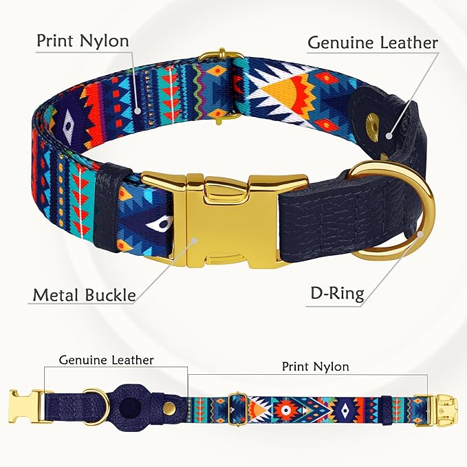 AirTag Dog Collar for Small Medium Large Breed - Adjustable Cute Pattern Dog Collar with Airtag Holder - Soft Leather Tracker GPS Apple Air Tag Pet Collars (X-Large, 20"-25" Neck Fit, Navajo)-Mewly Pet