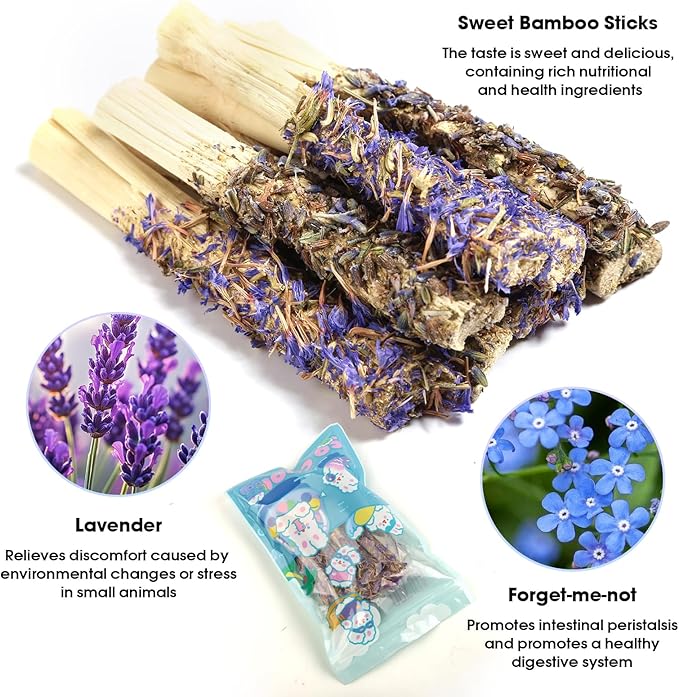 Abizoo Sweet Bamboo Rabbit Chew Sticks Treats and Toys 8Pcs Natural Hay with Forget-Me-Not Lavender for Bunny Guinea Pig Chinchilla Dental Care-Mewly Pet