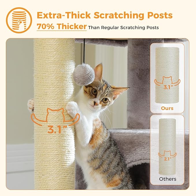 Large Cat Tree with Reinforced Scratching Posts (φ3.1in) for Big Adult Cats 30 lbs, 57.8" Heavy Duty Cat Tower with Larger Hammock and Condo, Cat Furniture for Maine Coon, Plush,Grey-Mewly Pet