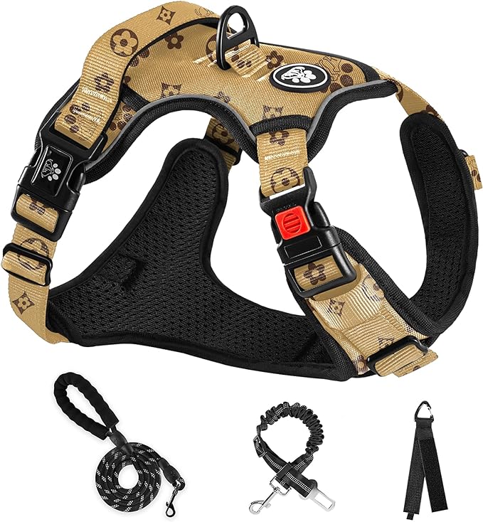NESTROAD No Pull Dog Harness,Adjustable Oxford Dog Vest Harness with Leash,Reflective No-Choke Pet Harness with Easy Control Soft Handle for Large Dogs(X-Large,Light Brown)-Mewly Pet