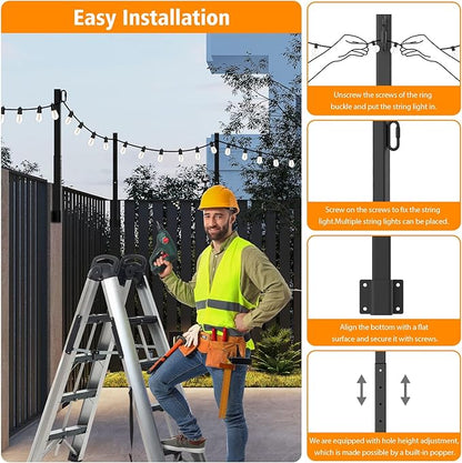 6 Pack 2.8Ft Suspension Outdoor String Light Poles for Outside String Lights Hanging,with Clip and Holder,Light Post Mounting Stand for Patio Fence Wall Garden Backyard Deck