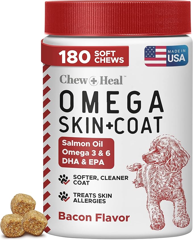 Omega for Dogs - 180 Delicious Soft Chews - Salmon Oil Treats for Skin and Coat, Itch Relief - Fish Oil Blend of Essential Fatty Acids, Omega 3, 6, and 9, and Vitamins - Smoked Bacon Flavor-Mewly Pet