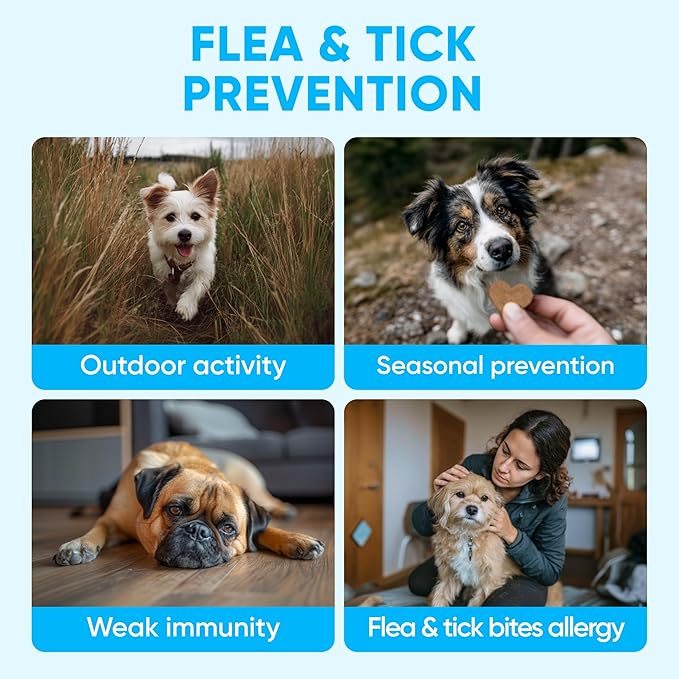 Chewable Flea and Tick Prevention for Dogs - 120 Soft Chews Made in USA - Oral Flea and Tick Control Pills for Small, Medium, Large Dogs and Puppies - Skin and Coat Supplement Treats for All Breeds-Mewly Pet