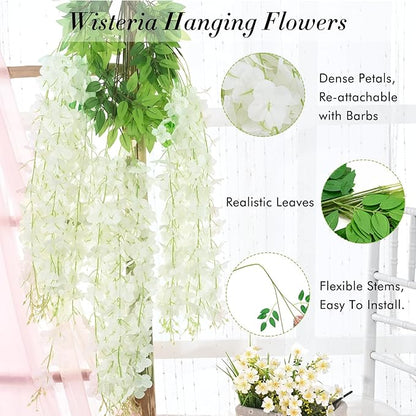 Waipfaru 40 Pack White Wisteria Hanging Flowers, Fake Flowers for Decoration, Artificial Hanging Flowers, Vines for Bedroom, Flower Garland for Home, Party, Wall, Wedding Decoration(3.6 Ft/Pcs)