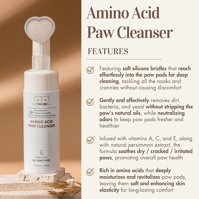 YUKIMI Premium Amino Acid Paw Cleanser with Silicone Bristle Brush for Dogs & Cats | Dermatologist Certified Hypoallergenic | Hydrating, Soothing, Deodorizing, Moisturizing | pH Balanced - 5.0 Fl Oz-Mewly Pet