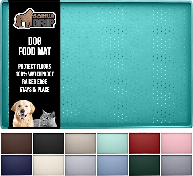 GORILLA GRIP 100% Waterproof Raised Edge BPA Free Silicone Pet Feeding Mat, Dog Cat Food Mats Contain Spills Protects Floors, Placemats for Cats and Dogs Water Bowl, Pets Accessories 23x15 Turquoise-Mewly Pet