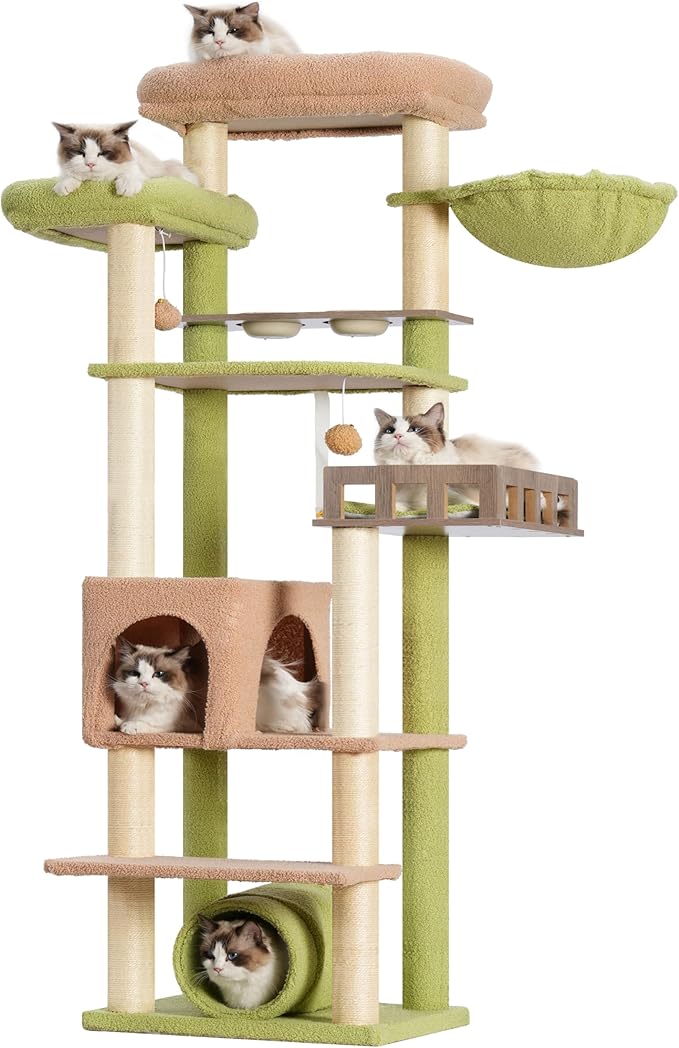 Cat Tree with Tunnel, Cat Tower for Indoor Cats, Tall Cactus Cat Tree Tower with Cat Condo, Food Station, Large Platform, Scratching Posts, Hammock, Green and Yellow GCT021GY-Mewly Pet
