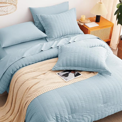CozyLux King Size Comforter Set Light Blue Seersucker 7 Pieces Bed in a Bag King Comforter Set with Sheets, Luxury Bedding Set with Down Alternative Comforter, Sheets, Pillowcases & Shams All Seasons