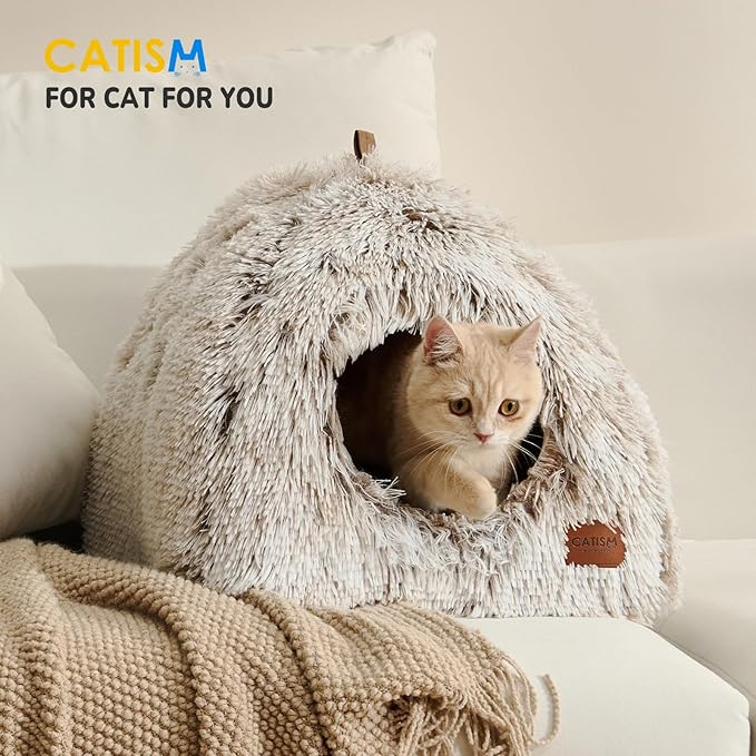 CATISM Cat Bed, Cat Cave for Indoor Cats, Soft Cat Dome, Self-Warming 2 in 1 Foldable Pet Cat House with Washable Cushioned Pillow Calming Fluffy Dog Beds for Small Dogs with Anti-Slip Bottom Brown L-Mewly Pet