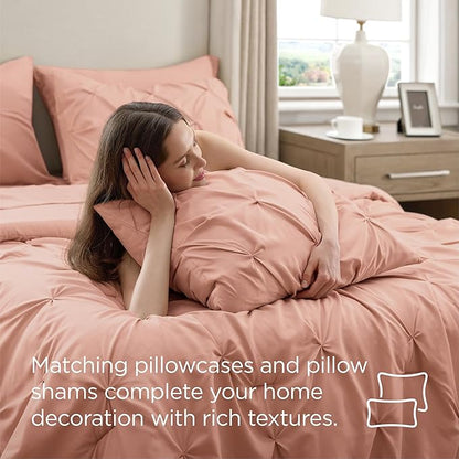 Bedsure Queen Comforter Set Dusty Pink - Bed in a Bag Queen Size Bedding 7 Pieces, GentleSoft™ Pintuck Bed Set Gift for Family, Pinch Pleat All Season Comforter with Sheets, Pillowcases & Shams