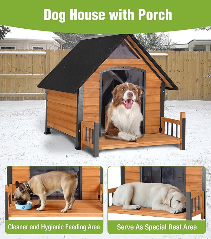 Large Outdoor Dog House Insulated, Weatherproof Dog Kennel with Porch, Anti-Chewing Metal Frame, for Medium to Large Breed-Mewly Pet