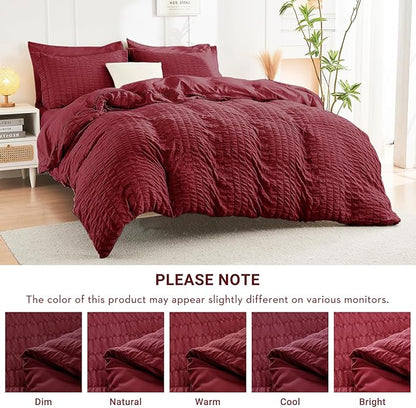 HYMOKEGE Burgundy Twin Comforter Set Seersucker 5 Pieces, All Season Luxury Bed in a Bag for Bedroom, Bedding Set with Comforters, Sheets, Pillowcase & Sham