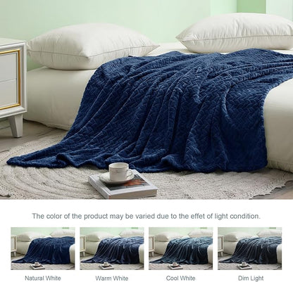 Exclusivo Mezcla Fleece Throw Blanket for Couch, 50x70 Inches Soft Cozy Jacquard Flannel Blankets, Lightweight Fuzzy Plush Warm Throws for Winter, Navy Blue