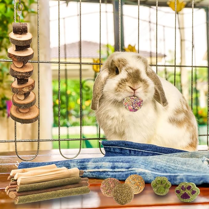 Grddaef Rabbit Toys, Guinea Pig Toys 25 Pcs Natural Timothy Hay Bunny Chews and Treats for Hamster Chinchilla Gerbil-Mewly Pet