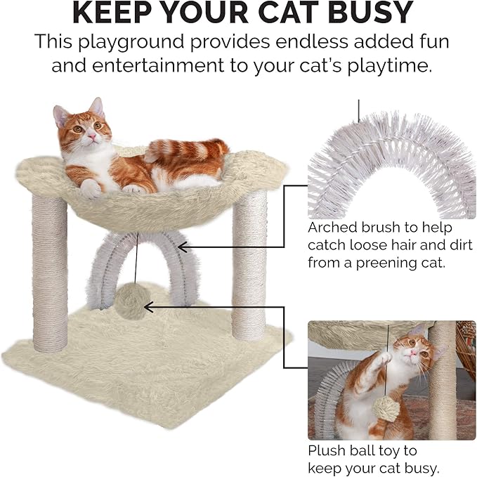 Furhaven 15.75" Tall Playground for Indoor Cats, Ft. Sisal Scratching Posts, Self-Grooming Brush, & Toy - Tiger Tough Hammock Interactive Playground - Cream, One Size-Mewly Pet