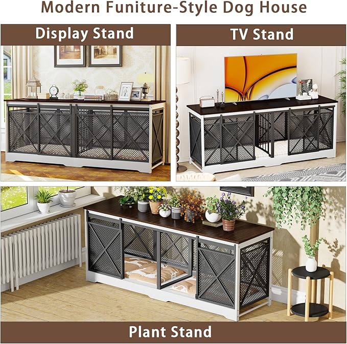 COZPAW 78 Inch Double Dog Crate Furniture, Extra Large Dog Kennel Indoor for Medium Large 2 Dogs, Heavy Duty Dog Cage Chew-Resistant Steel and Wooden Pet House with Removable Divider (White Brown)-Mewly Pet