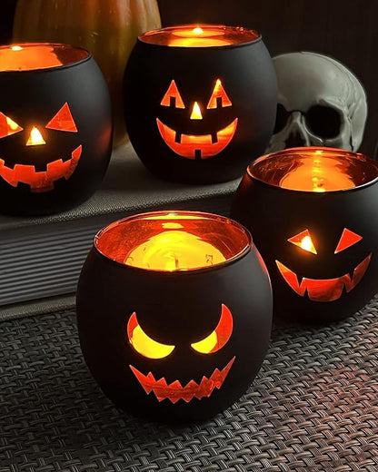 Halloween Table Decor Set of 6, Jack O Lanterns Black Glass Votive Tealight Candle Holders, Halloween Decorations Indoor Party Mantel Coffe Table Centerpiece Decor