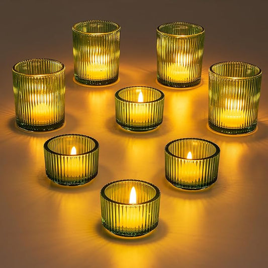 Glass Votive Tealight Candle Holder: Glasseam Small Green Tea Light Holders Set of 8 Decorative Ribbed Tea Lights Holder for Table Centerpiece Wedding Christmas Dining Room Decor