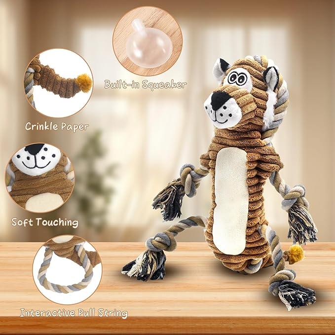 Squeaky Dog Toys, Interactive Tug of War Puppy Toys, Funny Plush Dog Chew Toys, Stuffed Dog Toys for Small,Medium and Large Dogs - Lion-Mewly Pet