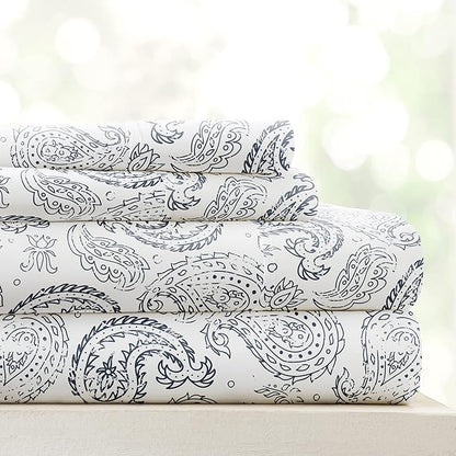 Linen Market Double-Brushed Patterned Microfiber California King Sheet Set 4 Piece – OEKO-TEX Certified Ultra Soft & Wrinkle-Free - 16" Deep Pocket Sheets Easy Care Cal-King Size - Coarse Paisley Navy