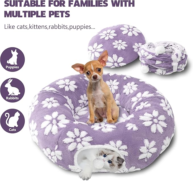Cat Tunnel for Indoor Cats, Cute Peekaboo Cat Cave with Dangling Balls, Pet Donut Tunnel Bed with Circle Mat for Puppy Kitten Rabbit, Purple-Mewly Pet