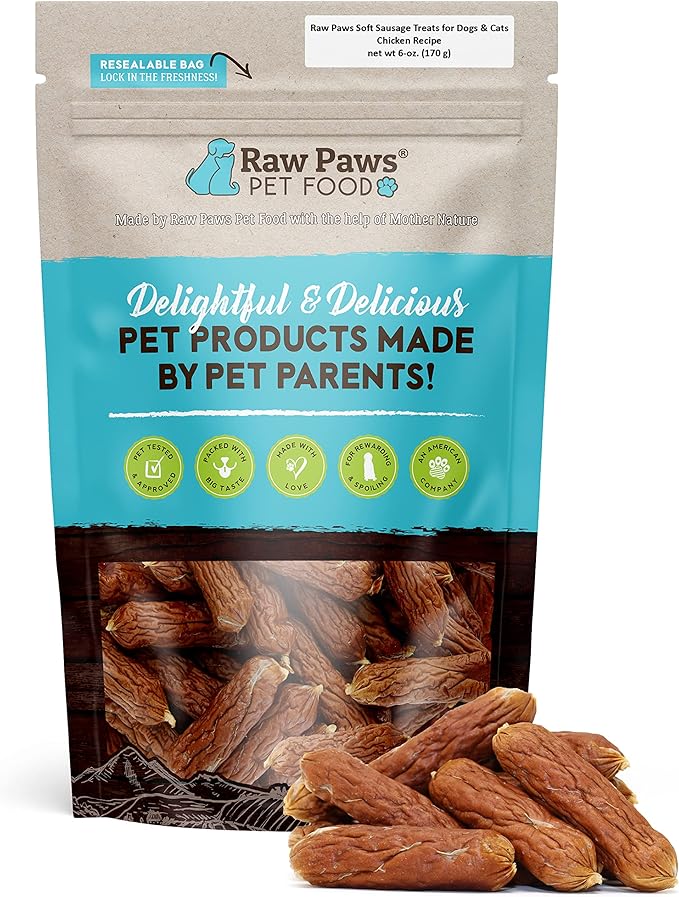 Raw Paws Grain-Free Soft Sausage Treats for Dogs & Cats - Chicken Recipe, 6-oz - USA Chicken Sausage Dog Treats - Soft Treats for Dogs & Cats - Dog Sausage Treats-Mewly Pet
