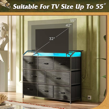 WLIVE Led Dresser for Bedroom, TV Stand for Bedroom with LED Lights and Power Outlet, Wide Chest of Drawers for Hallway, 8 Fabric Drawers for Living Room and Entryway, Charcoal Black Wood Grain Print