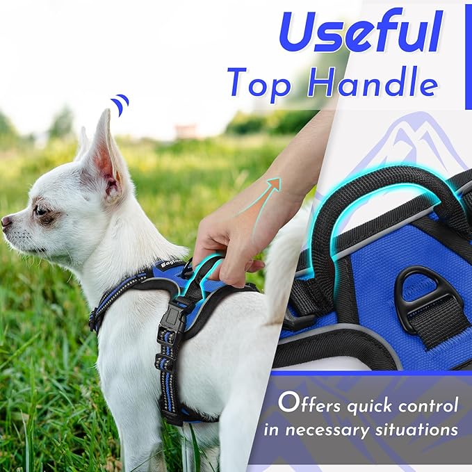 Eagloo Small Dog Harness No Pull, Service Vest with Reflective Strips and Control Handle, Adjustable and Comfortable for Easy Walking, No Choke Pet Harness with 2 Metal Rings, Blue, XS-Mewly Pet