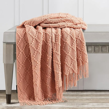 BOURINA Orange Throw Blanket 50 x70 Inches Jacquard Argyle Throw Textured Solid Soft Throws and Blankets for Sofa or Bed Knitted Decorative Blanket