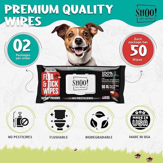 Shoo! Flea & Tick Wipes for Dogs | Convenient, Easy On-The-Go Protection | Plant Based, Natural Oils, Chemical Free | Repels & Prevents | 50 XL Wipes (2 Pack) | Original -Lavender-Mewly Pet