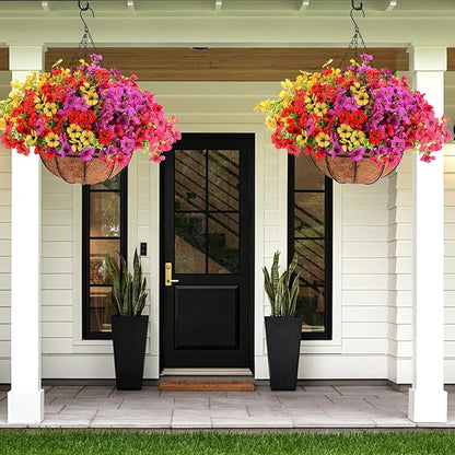 Geegoods 2 Set Artificial Hanging Plants Flowers Basket for Outdoor, Fake Faux UV Sun Resistant Look Real Colorful Violet Hanging Flowers for Spring Summer Porch Home Patio Balcony Yard