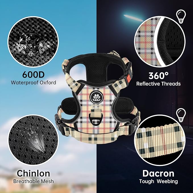 NESTROAD No Pull Dog Harness with Leash, Reflective No Choke Pet Vest Harness,Adjustable Soft Padded Dog Harness with Easy Control Handle for Large Dogs(Checkered Beige,X-Large)-Mewly Pet