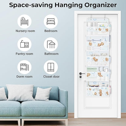 Clastyle Animals Over The Door Organizer Star Nursery Hanging Storage Organizer for Kids Clothes Diaper Toy Closet Door Hanging Shelf Storage for Bedroom Bathroom Pantry, Bear, 5-Tier