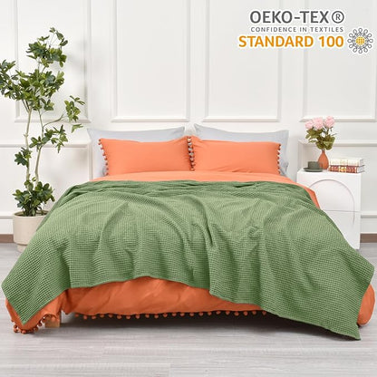PHF 100% Cotton Waffle Weave Blanket Twin Size for Bed,Snag Proof Lightweight Breathable Moisture-Wicking for Couch,Great for Layering in Cold Weather,Machine Washable,Home Decor Gift-Loden Green
