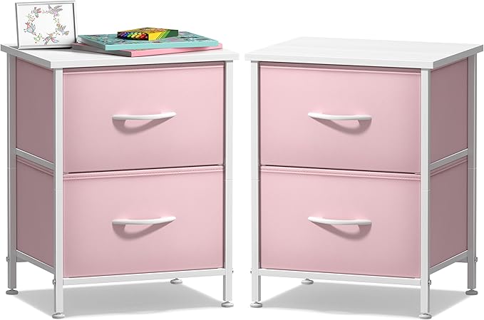 Sorbus Nightstand with 2 Drawers - Kids Bedside Furniture End Table Night Stand - Steel Frame, Wood Top & Easy Pull Fabric Bins - Dresser & Chest for Home, Bedroom Accessories, Office & Dorm (2 Pack)