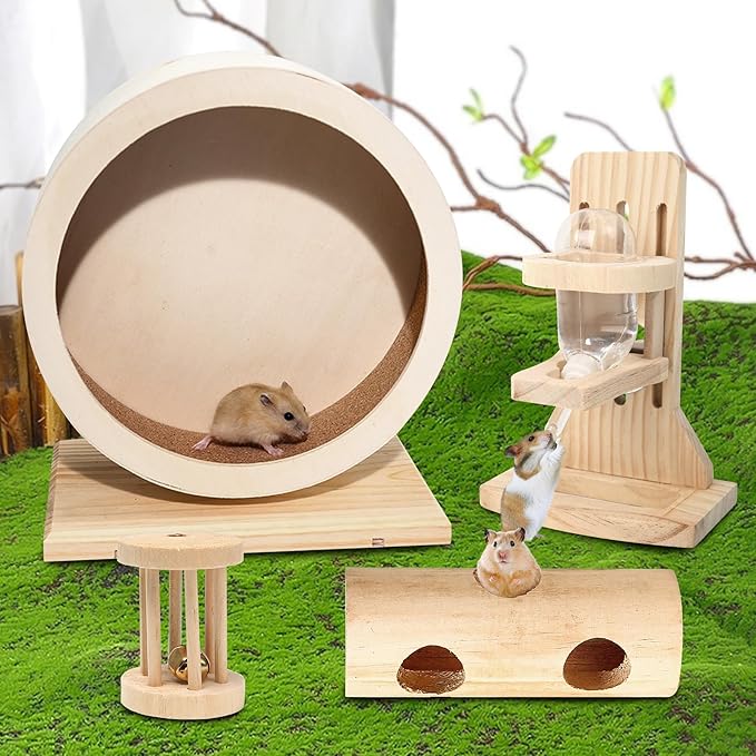 antiai 4 Pack Hamster Wheel Set,8.2Inch Medium Size Slience Quiet Spinner Hamster Running Wheels,Hamster Water Feeder Accessories Chew Toys for Guinea Pig,Gerbils,Mice and Other Small Pets Animal-Mewly Pet