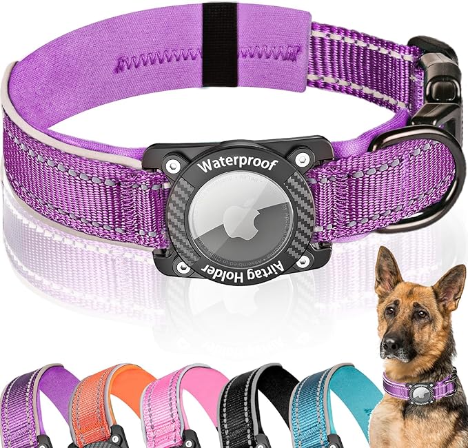 Upgraded AirTag Dog Collar, IP68 Waterproof Dog Collar with Apple Air Tag Holder, Reflective Adjustable Heavy Duty Dog Collars with Soft Padded for Small, Medium and Large Dogs,Purple, XL-Mewly Pet
