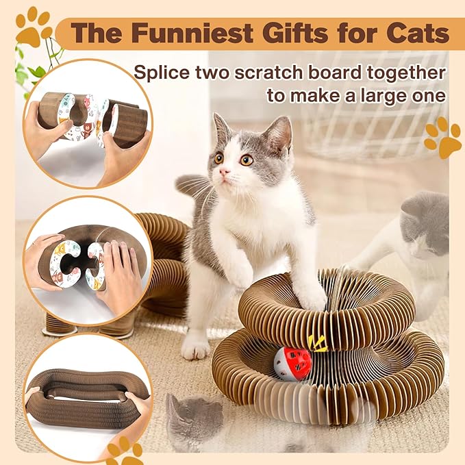 2 PCS Magic Organ Cat Scratcher Board with 6 Balls, Foldable Recyclable Accordion Cats Toy with Ball and Track Adventure, Cat Scratching Pad, Retractable Reversible Furniture Protector(Brown)-Mewly Pet