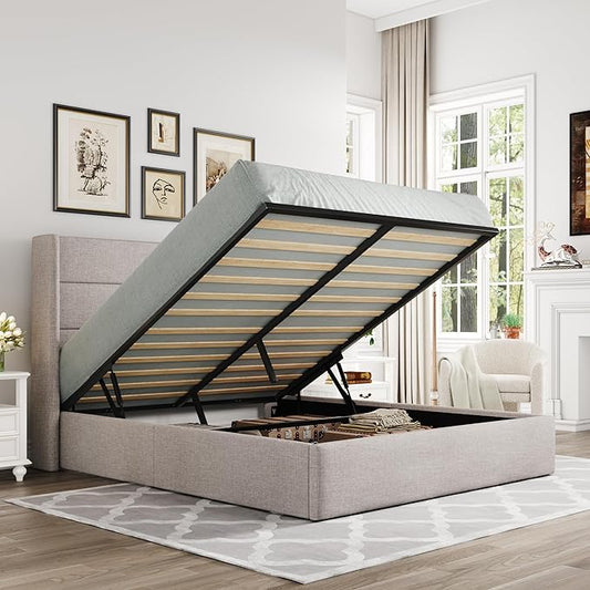 Allewie Full Size Lift Up Storage Bed, Modern Wingback Headboard, Hydraulic Support, No Box Spring Needed, Light Beige