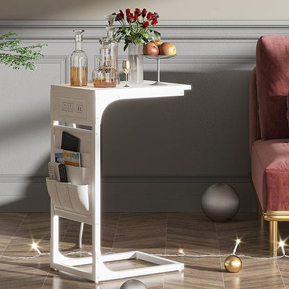TUTOTAK C Shaped End Table with Charging Station, Side Table for Sofa, Couch Table with Storage Bag, Set of 2, TV Tray Table with 2 USB Ports and Outlets for Living Room, Bedroom, White TB01BW0242