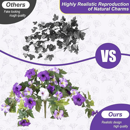 Artificial Hanging Fake Flowers with Basket Plants for Outdoor Decoration, Faux Silk Flower UV Resistant Morning Glory for Home Porch Patio Garden Balcony Yard Look Real (Purple White)