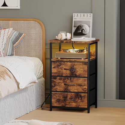 Fixwal Night Stand with Charging Station, LED Nightstand with Fabric Drawers, End Table with PU Finish, Bed Side Table, Rustic Brown
