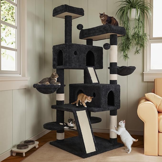 MUTICOR 66 Inches Multi-Level Large Cat Tree Tower for Indoor Big Feline/Cozy Plush Perches/Condo/Sisal Scratching Posts/Hammock and Baskets/Activity Center Play House/Wide Base/Dark Grey-Mewly Pet